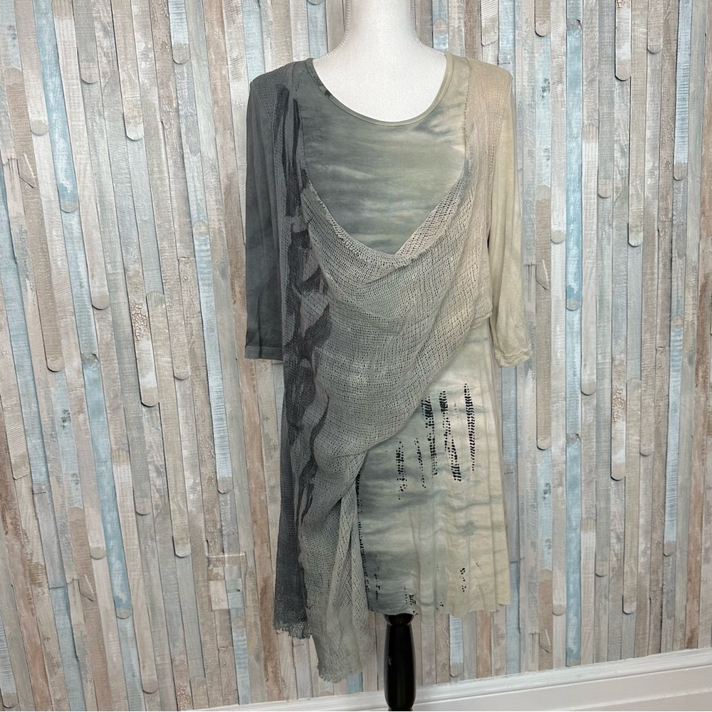 Art of Cloth S Tie Dye Asymmetric Stretch Jersey Knit Mesh Tunic Dress Lagenlook
